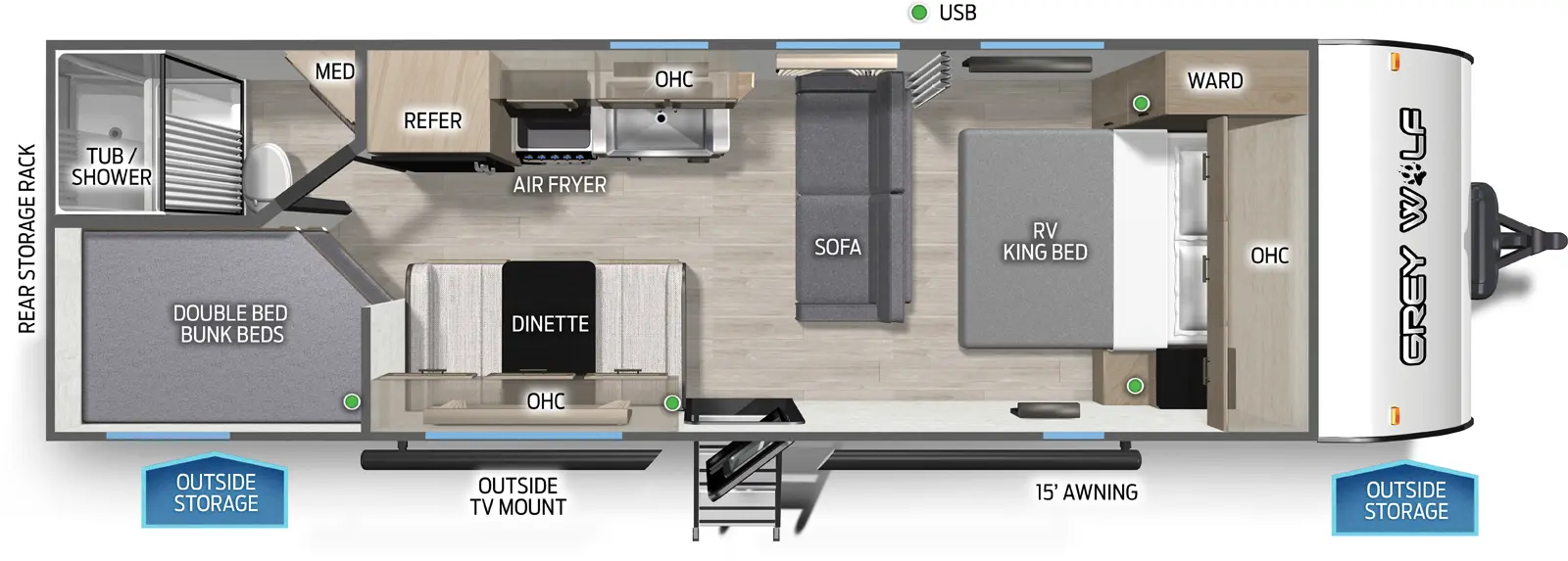The Cherokee Black Label 26DJSEBL floorplan has one entry and zero slide outs. Exterior features include: fiberglass exterior, 15' awning and  outside entertainment. Interiors features include: bunk beds and front bedroom.